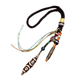 Old Tibetan Three Eye DZI Agate Lucky Pendant w Hand Woven Necklace