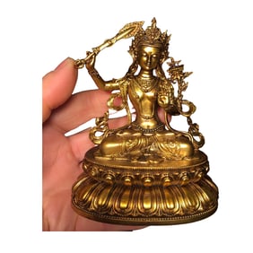 Old Tibetan Gilt Gold Copper Manjushri Bodhisattva Statue