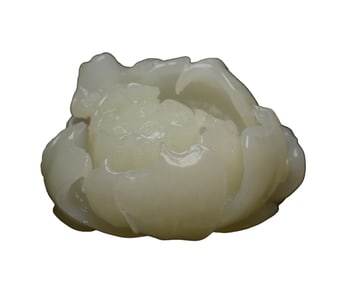 Chinese Hetian Jade Carved Lotus Pod & Frog Statue
