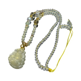 Beautiful Yellow Crystal Carved Nine-tailed Fox Pendant w Hand Woven Beads Necklace