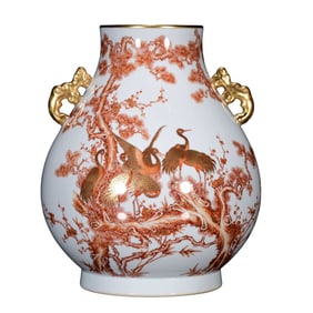 Chinese Qing Dynasty Gilt Gold Iron Red Glaze Pine Tree & Crane Design Porcelain Jar