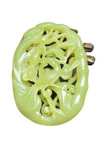 Openwork Chinese Hetian Jade Carved Plum Flower & Magpie Pendant