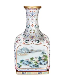 Chinese Qing Dynasty Gilt Edge Famille Rose Mountain River Scene Design Porcelain Vase