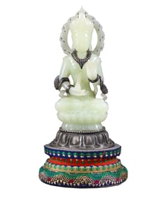 Superb Chinese Pure Silver Inlay White Hetian Jade Carved Buddha Statue