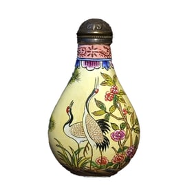 Old Chinese Copper Enamel Pine Tree & Crane Design Snuff Bottle w Stopper
