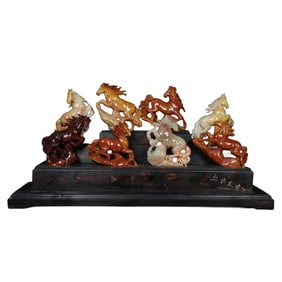 A Set Superb Chinese Shoushan Stone Carved Eight Horse Statues