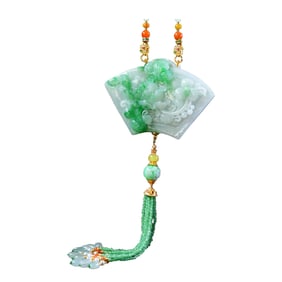 Exquisite Jadeite Carved Flowers & Butterfly Pendant w Hand Carved Jadeite Beads Necklace
