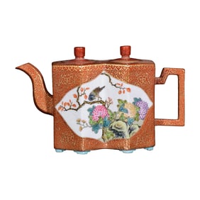 Chinese Qing Dynasty Iron Red Glaze Flowers Bird Design Porcelain Teapot