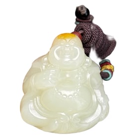 Chinese Hetian Jade Carved Laughing Buddha Pendant