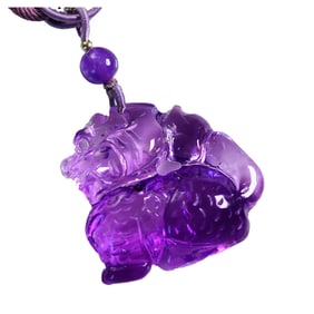 Beautiful Amethyst Carved Fortune Kylin Pendant w Hand Woven Necklace