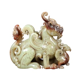 Superb Vintage Chinese Hetian Jade Carved Divine Beast Statue