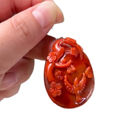 Chinese Nanhong Agate Carved Plum Flower & Magpie Pendant