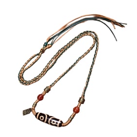 Old Tibetan 3 Eye DZI Agate Lucky Pendant w Hand Woven Beads Necklace