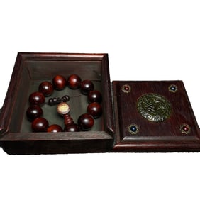 Vintage Chinese Zitan Wood Beads Bracelet w Huali Wood Box