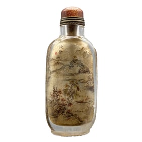 Old Chinese Crystal Inside Painting Mountain River Scene Design Snuff Bottle w Stopper