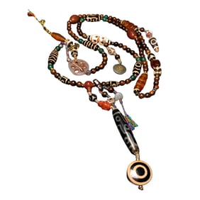 Hand Woven Tibetan Nine Eye DZI Agate Lucky Pendant w Beads Necklace