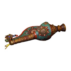 Old Tibetan Gilt Gold Copper Inlay DZI Agate & Shell & Turquoise & Gems Dharma-vessel Conch Statue