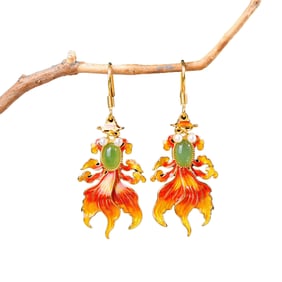 A Pair Chinese 925 Silver Enamel Inlay Hetian Jade Earrings