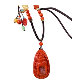 Chinese Nanhong Agate Carved Buddha Pendant