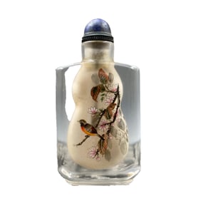 Old Chinese Peking Glass Inside Painting Flowers Bird Design Snuff Bottle w Stopper