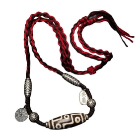 Old Tibetan Nine Eye DZI Agate Lucky Pendant w Hand Woven Necklace