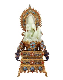 Exquisite Chinese Hetian Jade Carved Kwan-yin Statue w Gold Wires Enamel Inlay Gems Base