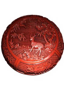 Chinese Red Lacquerware Low Relief Deer Design Jewellery Box