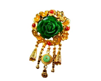 Exquisite 925 Silver Inlay Green Jadeite Carved Flower Pendant