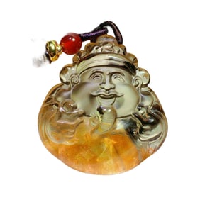 Beautiful Yellow Crystal Carved Fortune Taoism Deity Pendant