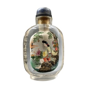 Old Chinese Peking Glass Inside Painting Beautiful Woman Design Snuff Bottle w Stopper