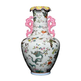 Chinese Qing Dynasty Famille Rose Flowers & Dragon & Butterfly Design Porcelain Vase