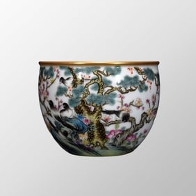 Chinese Qing Dynasty Gilt Edge Famille Rose Enamel Flower Bird Design Porcelain Cup