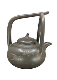 Old Chinese Yixing Zisha Clay Flower Bird Poetic Prose Handle Teapot w Artist Signed
