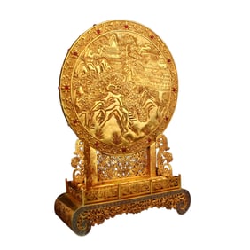 Excellent Chinese Qing Dynasty Gilt Gold Red Copper Inlay Ruby Mountain Village Scene Screen