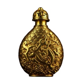 Old Chinese Gilt Gold Bronze Low Relief Fortune Pixiu Snuff Bottle