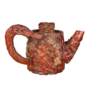 Superb Vintage Ox Horn Carved Pine Tree Teapot