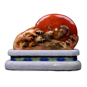 Vintage Chinese Shoushan Stone High Relief Carp & Bat Seal w Box