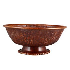 Vintage Chinese Red Copper Flowers & Birds Design Bowl