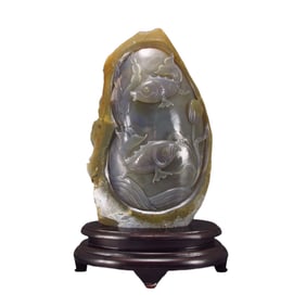 Chinese Natural Water Bile Agate Statue - Carp & Lotus