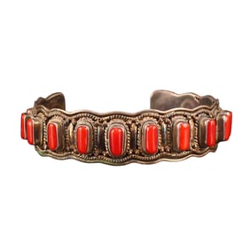 Vintage Pure Silver Inlay Red Coral Bracelet