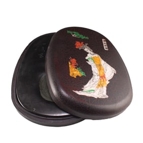 Vintage Chinese Poetic Prose Duan Inkstone With Lacquerware Inlay Shell Box