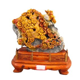 Chinese Shoushan Stone Carved Flowers Bird Statue