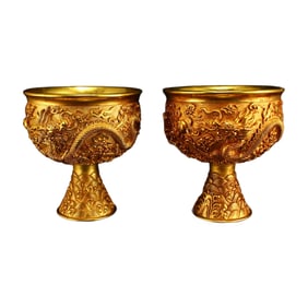 A Pair Chinese Gilt Gold Bronze Low Relief Dragon Design Cup