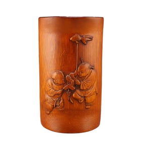 Vintage Chinese Bamboo Low Relief Fortune Kid Design Brush Pot