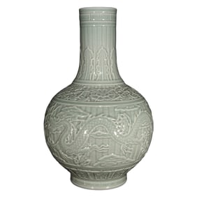 Chinese Green Glaze Low Relief Fortune Dragon Porcelain Vase