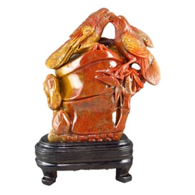 Chinese Shoushan Stone Two Magpies & Bamboo Statue