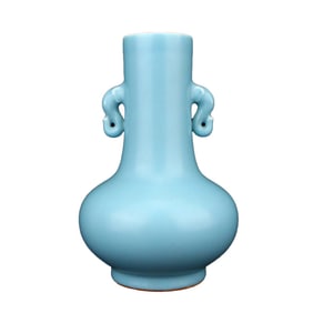 Chinese Sky Blue Glaze Elephant Head Double Ears Porcelain Vase