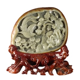 Chinese Natural Hetian Jade Peony & Magpie Statue