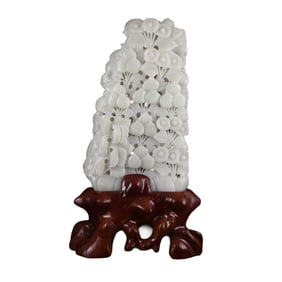 Chinese Natural Hetian Jade Statue - Peacock & Flowers