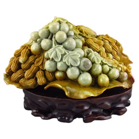 Superb Chinese Shoushan Stone Statue - Peanuts & Grapes